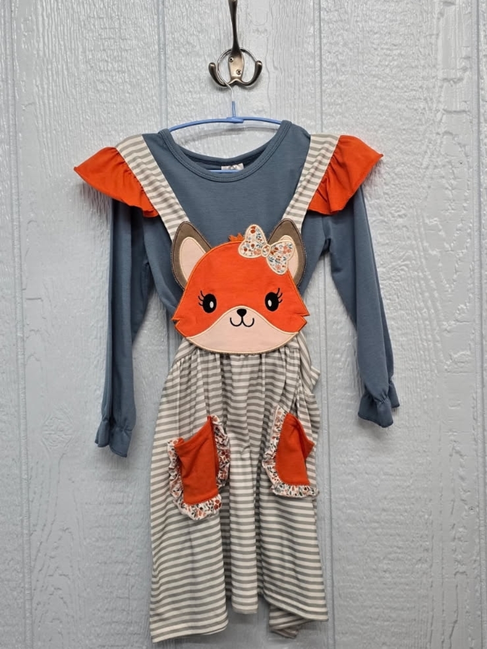 NWT Size 5 Girls Fox Applique Striped Dress with Blue Top